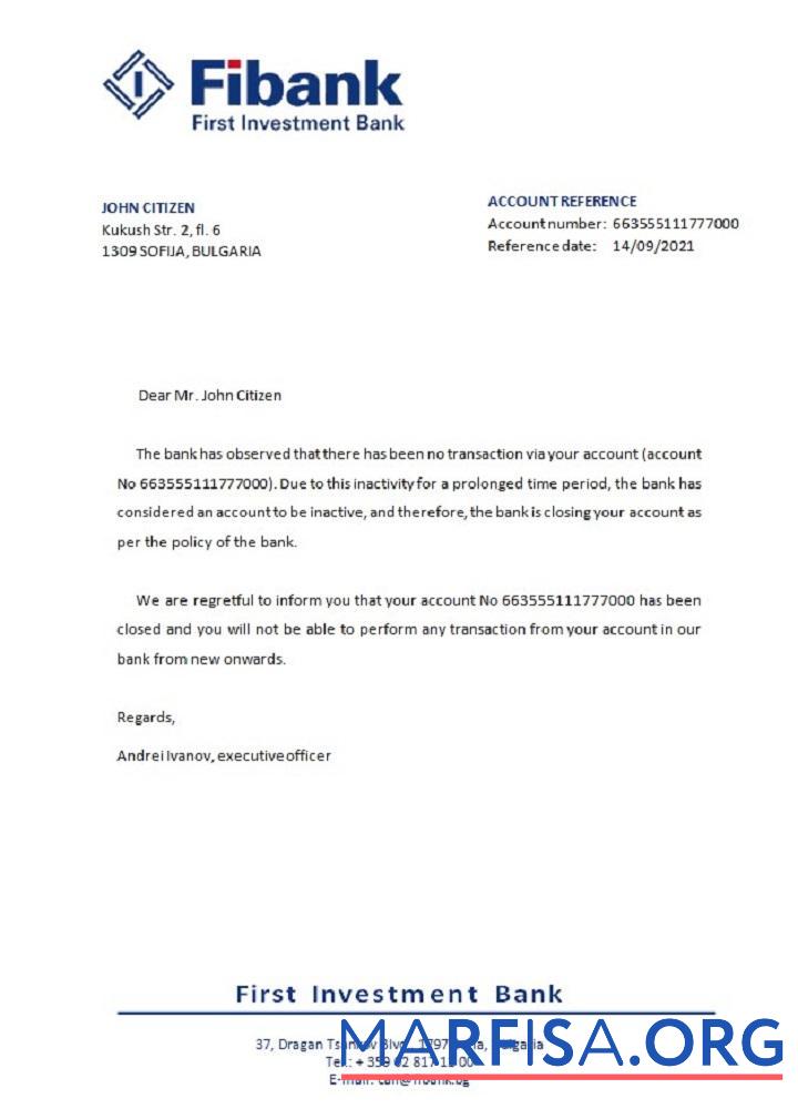 Printable Bulgaria First Investment bank closure reference download for verification